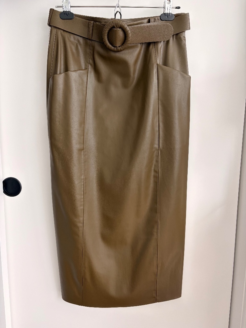 Zara Olive Green Faux Leather Midi Skirt w/Belt